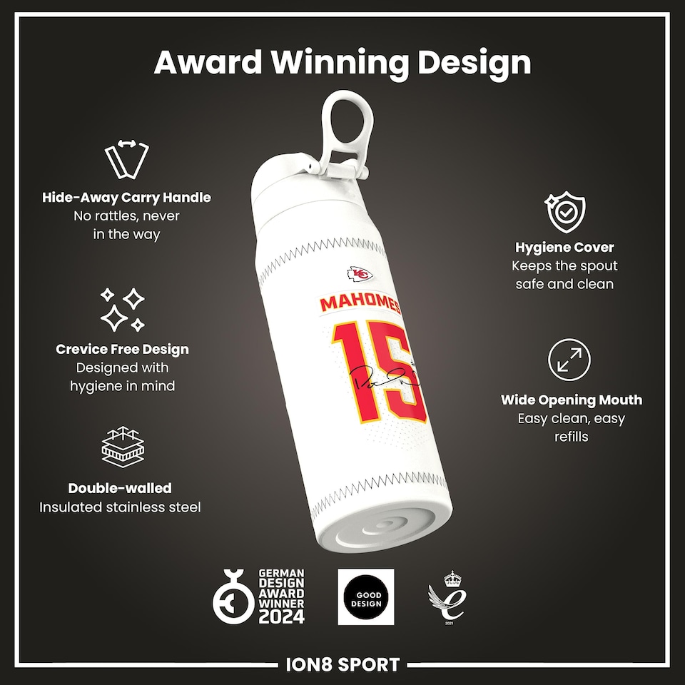 image 1 of NFL x Sports, Vacuum Insulated Steel Bottle, Series, 750ml (24oz) | White | NFL GameDay Mahomes Chiefs | One Size