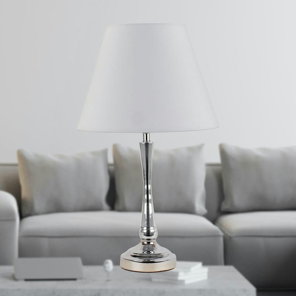 image 1 of Chrome Table Lamp with Stem Detail and Ivory Shade Chrome | Red