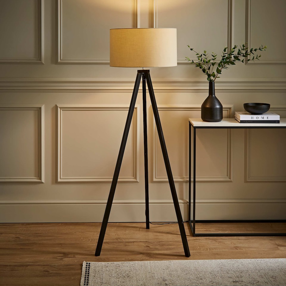 image 1 of ValueLights Barbro Black Tripod Floor Lamp Natural Shade | Cream