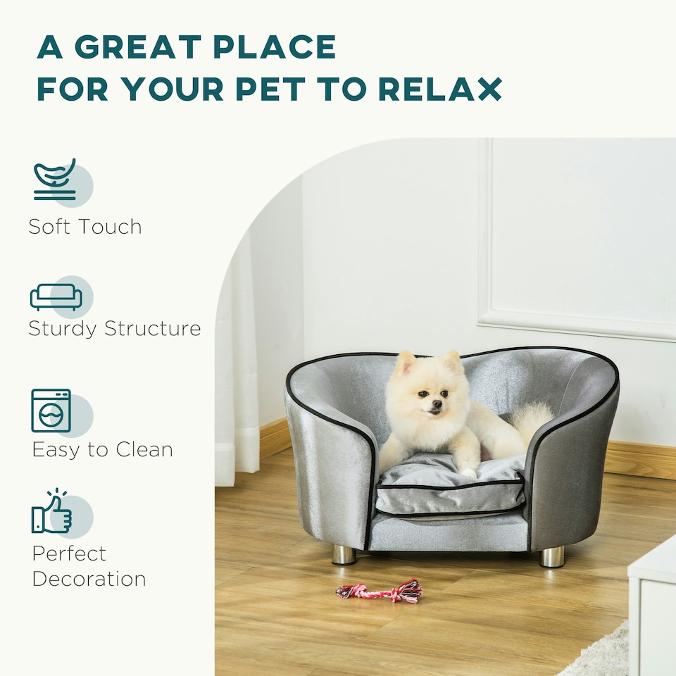 image 1 of PawHut Dog Sofa Pet Chair, Kitten Bed Couch w/ Wooden Frame, Removable Cushion