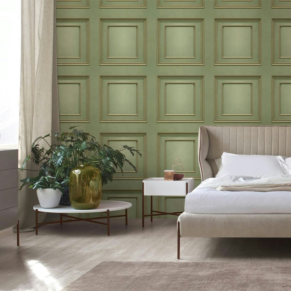 image 1 of World Of Wallpaper Forbidden Fruit Panel Wallpaper - Sage Green/Gold - 10m x 53cm | Green