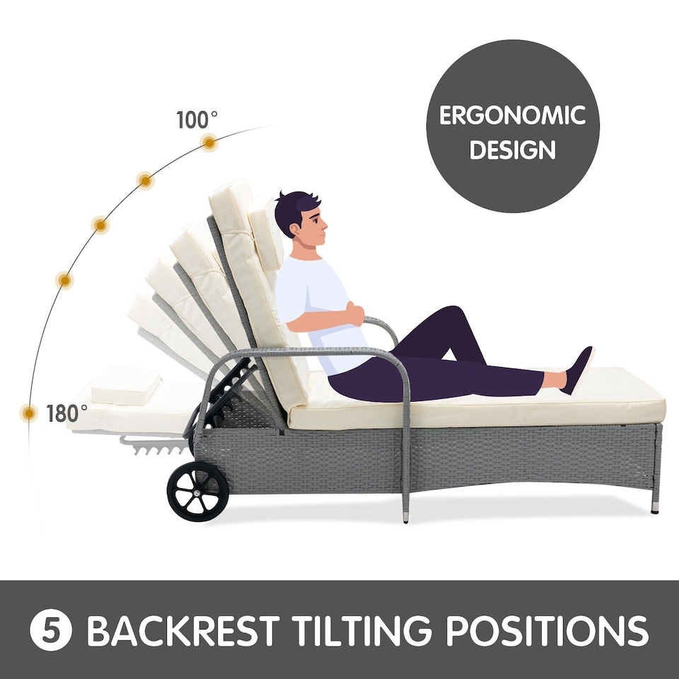 image 1 of MCC Direct Rattan Reclining Sun Lounger Garden Outdoor Sun Bed on wheels