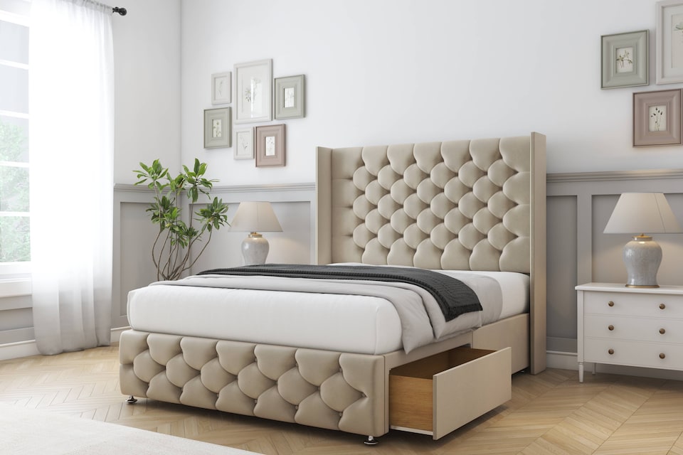 image 1 of Sloomy Luthor Almond Coniston Divan Bed Base 2 Drawers Foot-End With 54 Inch Wingback Headboard & 12 Inch Matching Footboard | Cream | Almond | Super King | 1