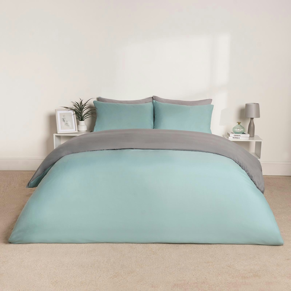 image 1 of OHS Reversible Microfibre Duvet Cover and Pillowcase Bedding Set, King - Duck Egg/Grey