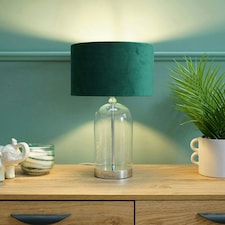 ValueLights Jessy Glass and Silver Chrome Metal Bedside Table Lamp with a Forest Green Velvet Lampshade - Bulb Included