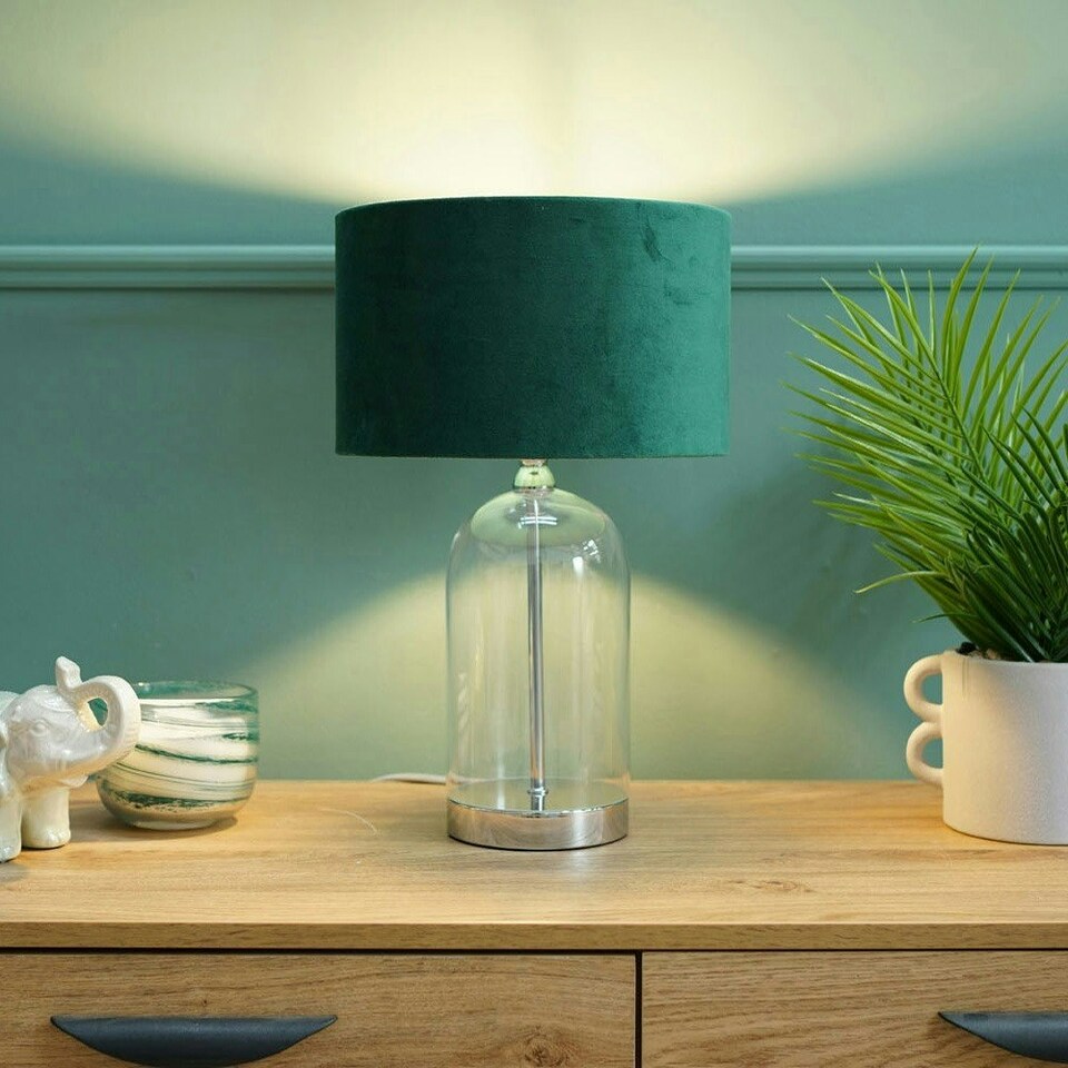image 1 of ValueLights Jessy Glass and Silver Chrome Metal Bedside Table Lamp with a Forest Green Velvet Lampshade - Bulb Included