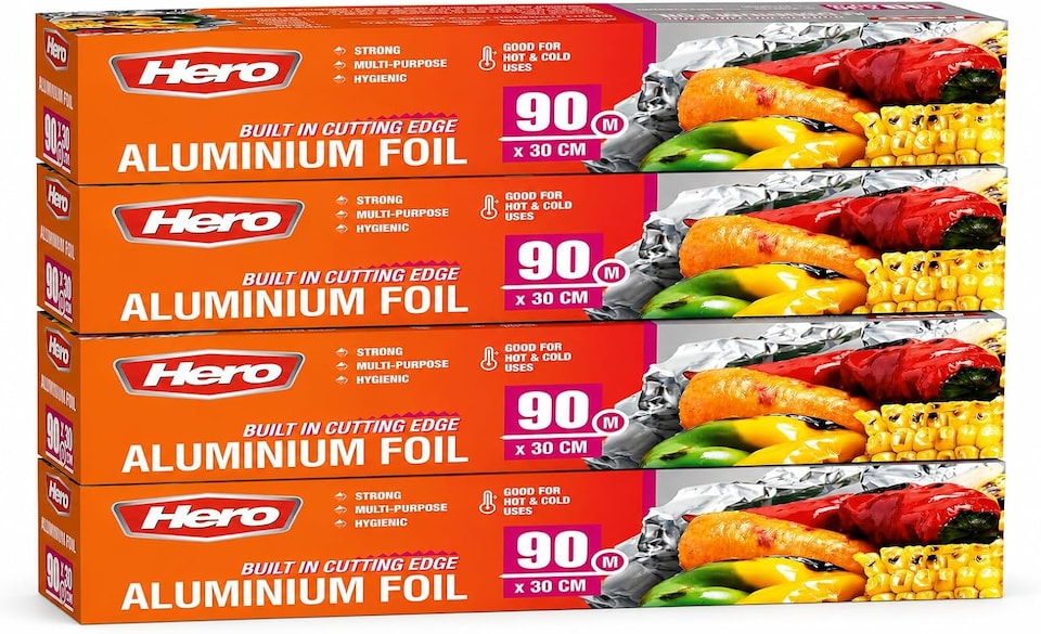 image 1 of Hero Strong Kitchen Foil Roll 90m x 300mm – Premium Aluminium Foil with Easy Cutter Dispenser | Non-Stick Foil for Cooking, Baking, BBQ & Food Wrapping