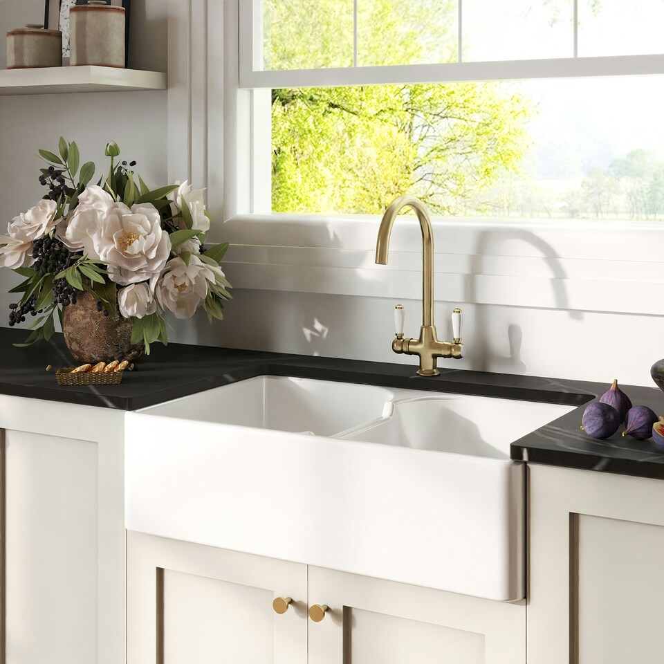 image 1 of Fireclay Kitchen Bundle - Double Bowl Stepped Weir Butler Sink, Wastes & Mono Lever Tap, 795mm - Brushed Brass - Balterley