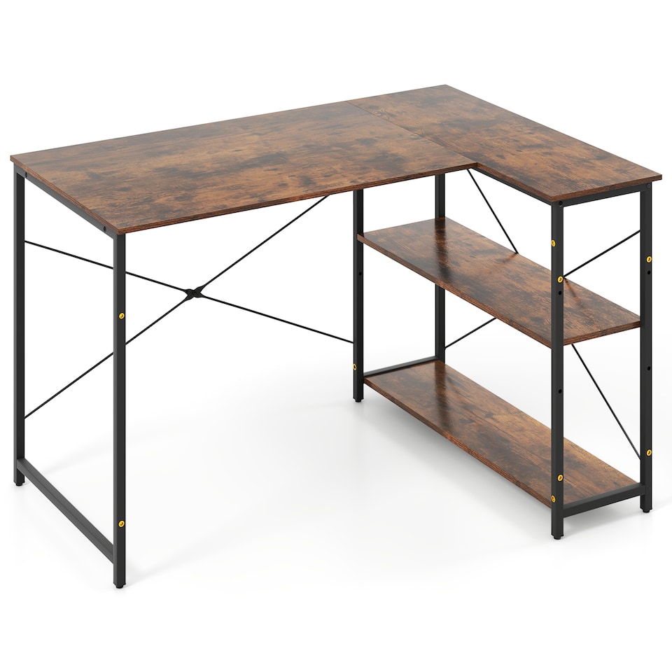 image 1 of COSTWAY L-shaped Computer Desk Reversible Corner Desk Brown