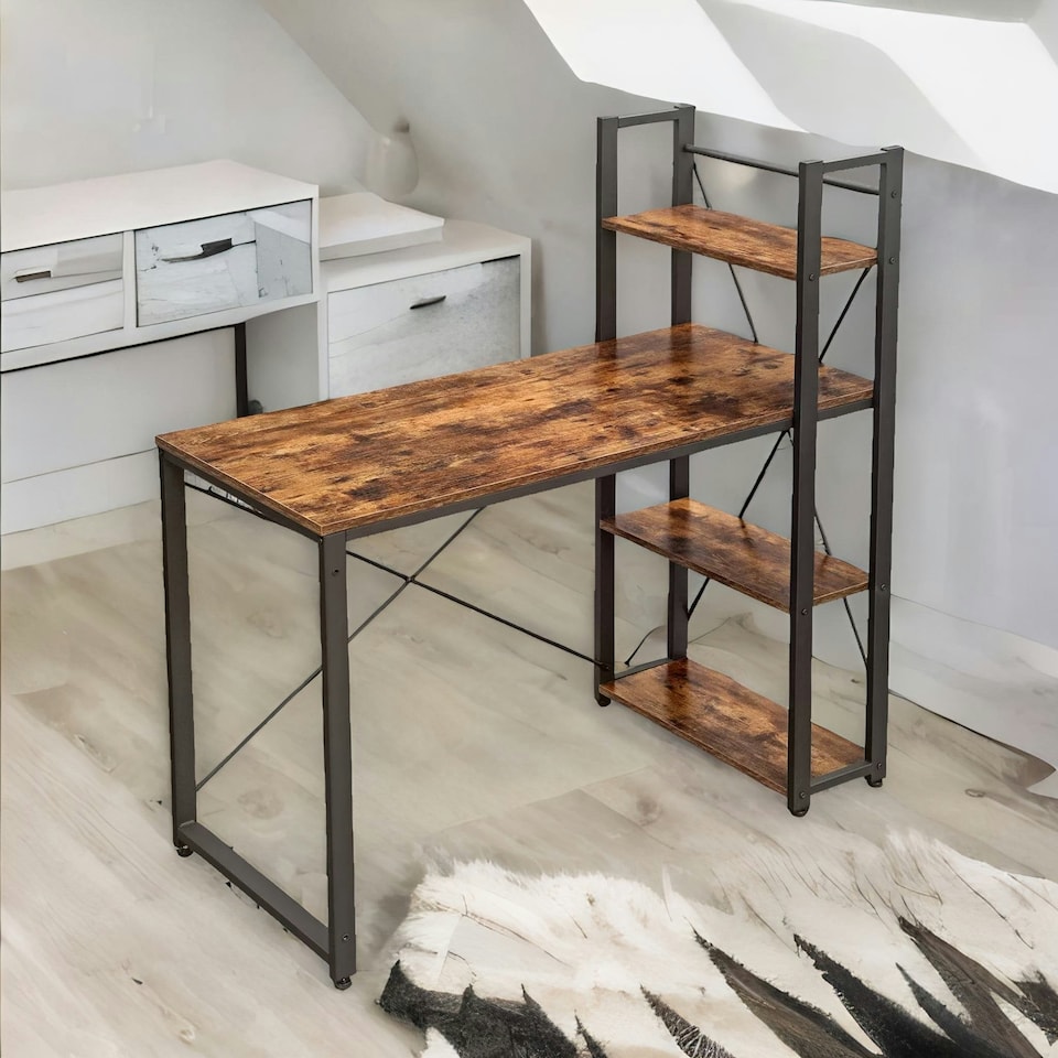 image 1 of 97CM Wide Computer Desk With 3 Shelves Rustic Brown Brown