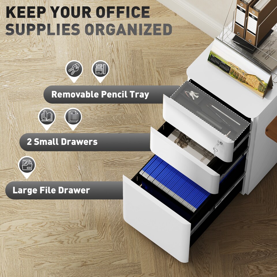 image 1 of Vinsetto 3-Drawer Mobile Filing Cabinet, Lockable Metal File Cabinet with 5 Wheels for A4 Legal Letter Sized Documents, Hanging File Folders, Under Desk, Pre-Assembled Body, 30 x 45 x 59 cm, White | White | White