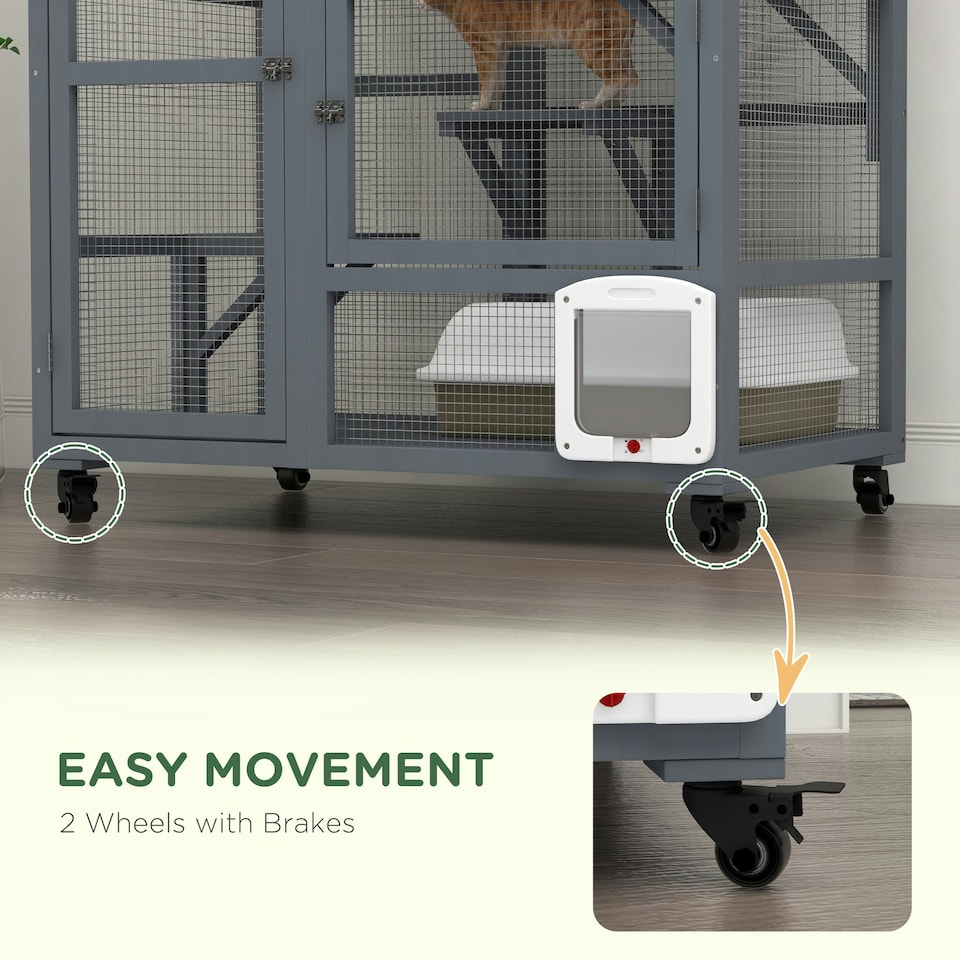 image 1 of PawHut Indoor Catio Cat House on Wheels with Platforms, Hammock
