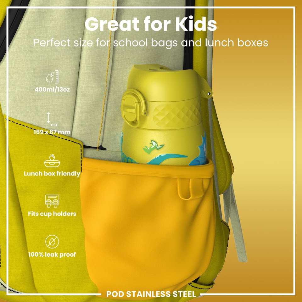 image 1 of Leak Proof Kids Water Bottle, Stainless Steel, 400ml (13oz) | Yellow | Dinosaur | One Size