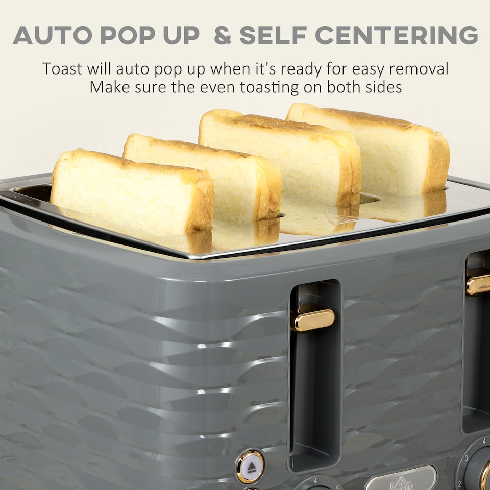 image 1 of HOMCOM Kettle and Toaster Sets, 3000W 1.7L Rapid Boil Kettle & 4 Slice Toaster with 7 Browning Controls, Defrost, Reheat and Crumb Tray, UK Otter thermostat, Grey