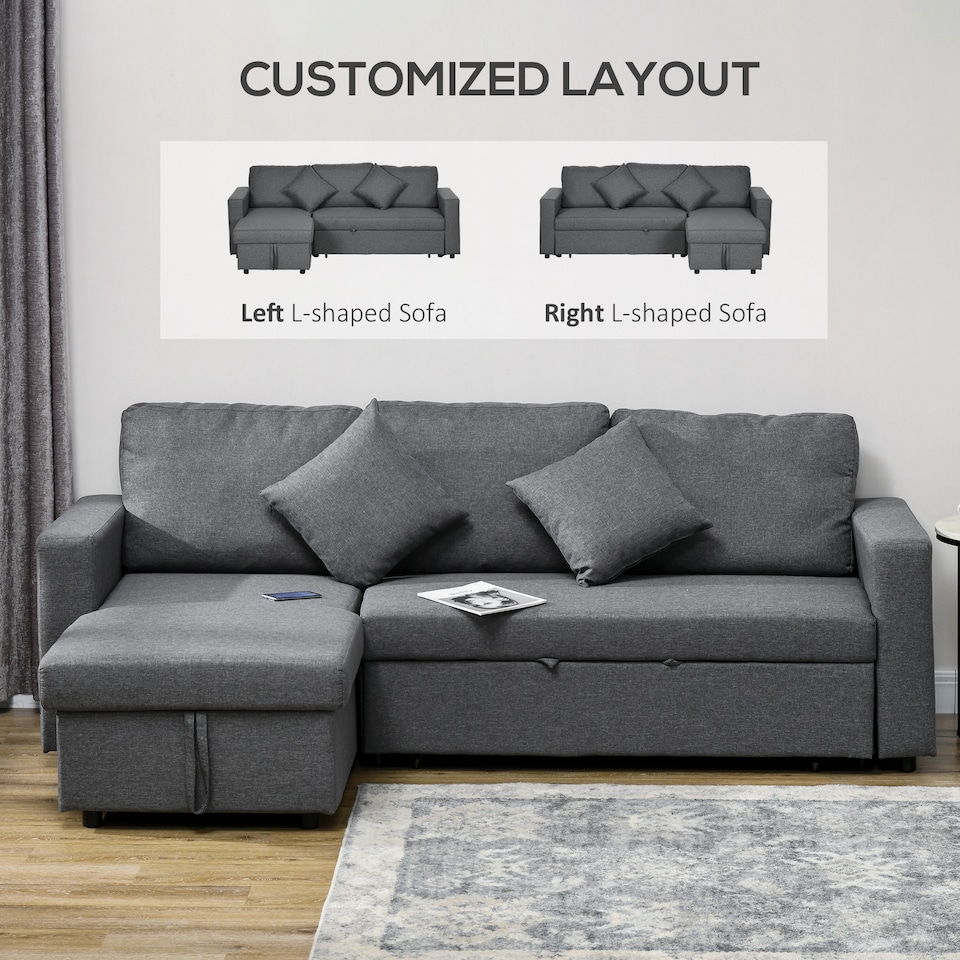 image 1 of HOMCOM Corner Sofa Bed with Storage, 3 Seater Pull Out Sofa Bed, Convertible L Shape Sofa Couch with Reversible Chaise Lounge for Living Room, Dark Grey