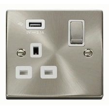 SE HOME Satin / Brushed Chrome 1 Gang 13A DP Ingot 1 USB Switched Plug Socket White | Satin Chrome