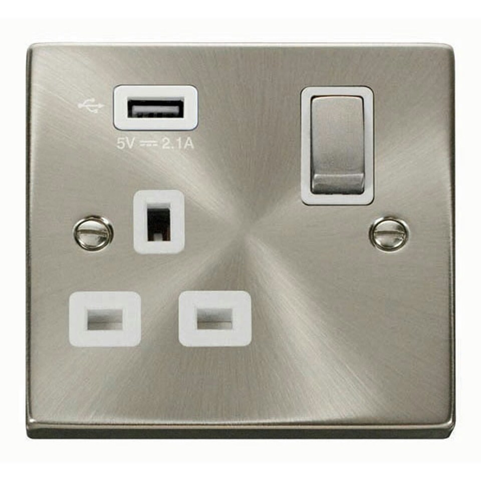 image 1 of SE HOME Satin / Brushed Chrome 1 Gang 13A DP Ingot 1 USB Switched Plug Socket White | Satin Chrome