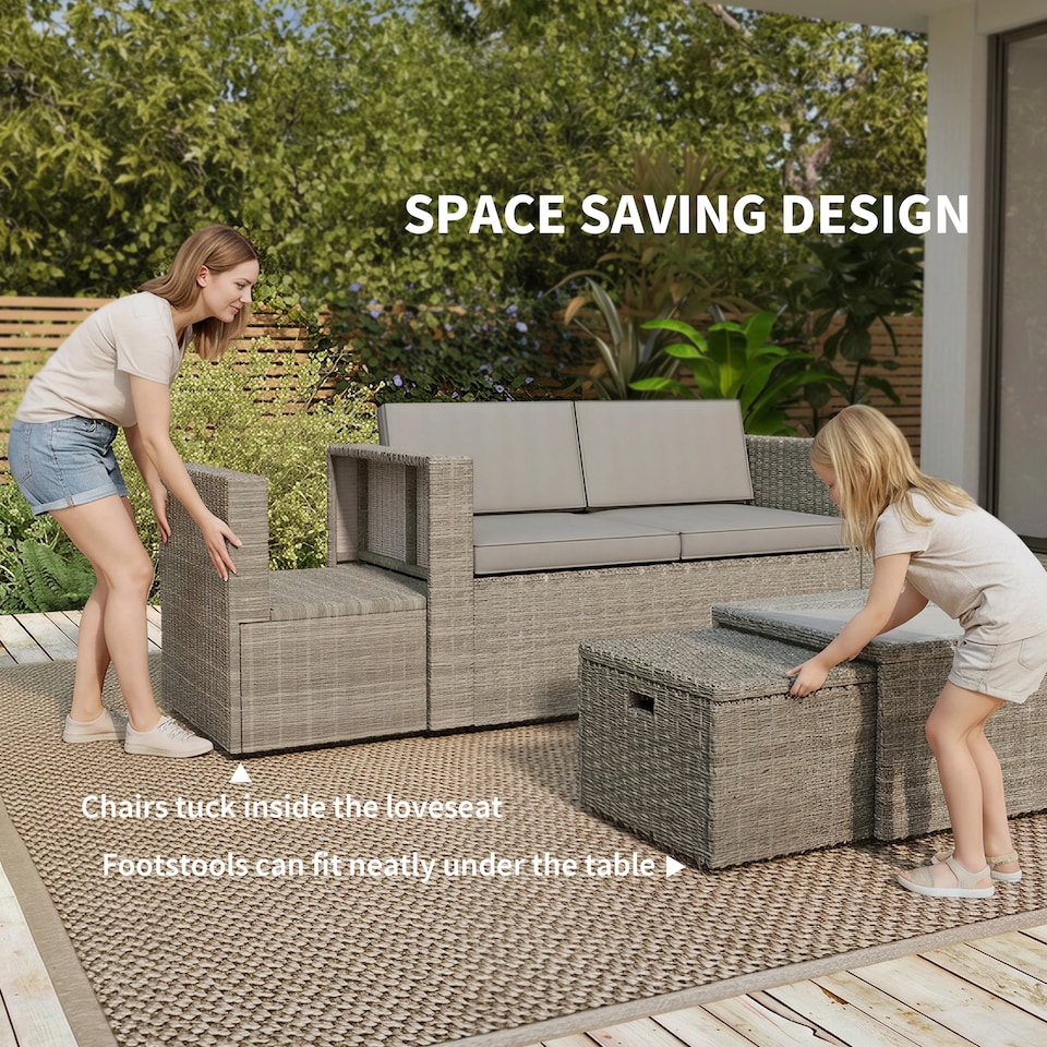 image 1 of Outsunny 6 Piece Rattan Garden Furniture Set, Nesting Patio Conversation Set | Grey | Dark Grey | Five Plus Seater