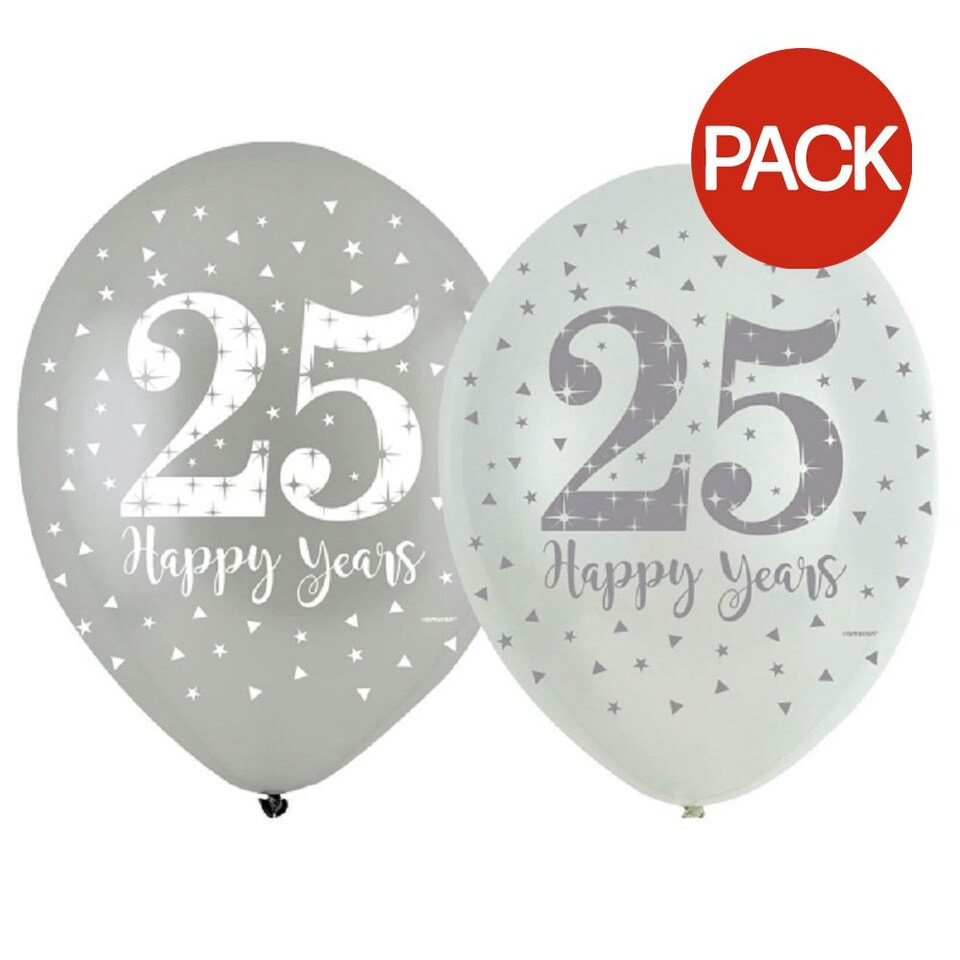 image 1 of Amscan 25th Happy Years Latex Balloon (Pack of 6) - Silver/White - One Size Multi