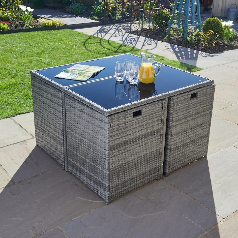 image 1 of 9 Piece Cube Rattan Garden Furniture Set 4 Chairs 4 Footstool Chairs & Table