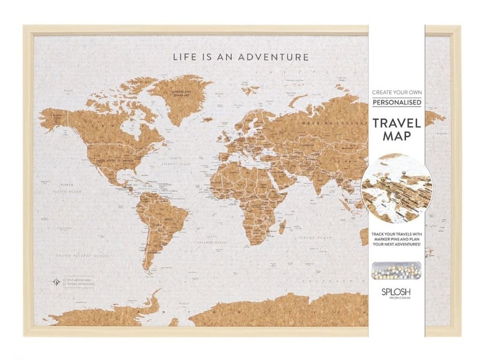 Splosh Travel Map Cork Board World Large Light Wood | Brown | Light Wood Frame, Cork Backing