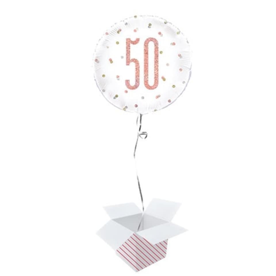 Rose Gold Glitz Age 50 Holographic Round Foil Helium Balloon - Inflated Balloon in a Box