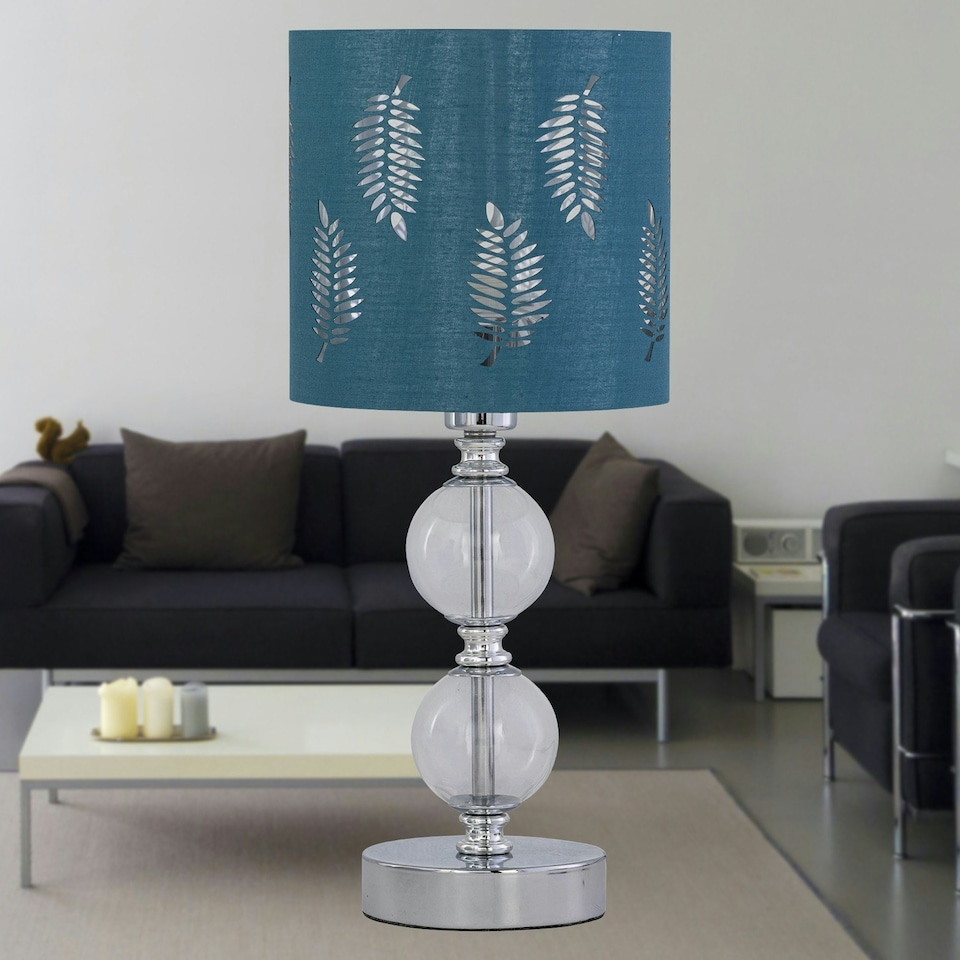 image 1 of First Choice Lighting Set of 2 Chrome Two Ball Table Lamps with Teal Fern Shades Chrome | Green