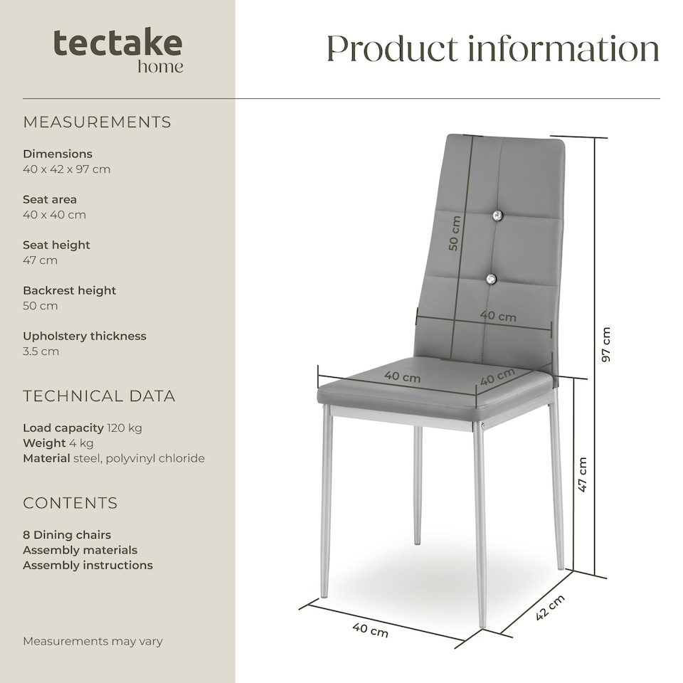 image 1 of Dining Chair Set - high backrest, slim steel legs & rhinestone highlights - Set of 8 Grey