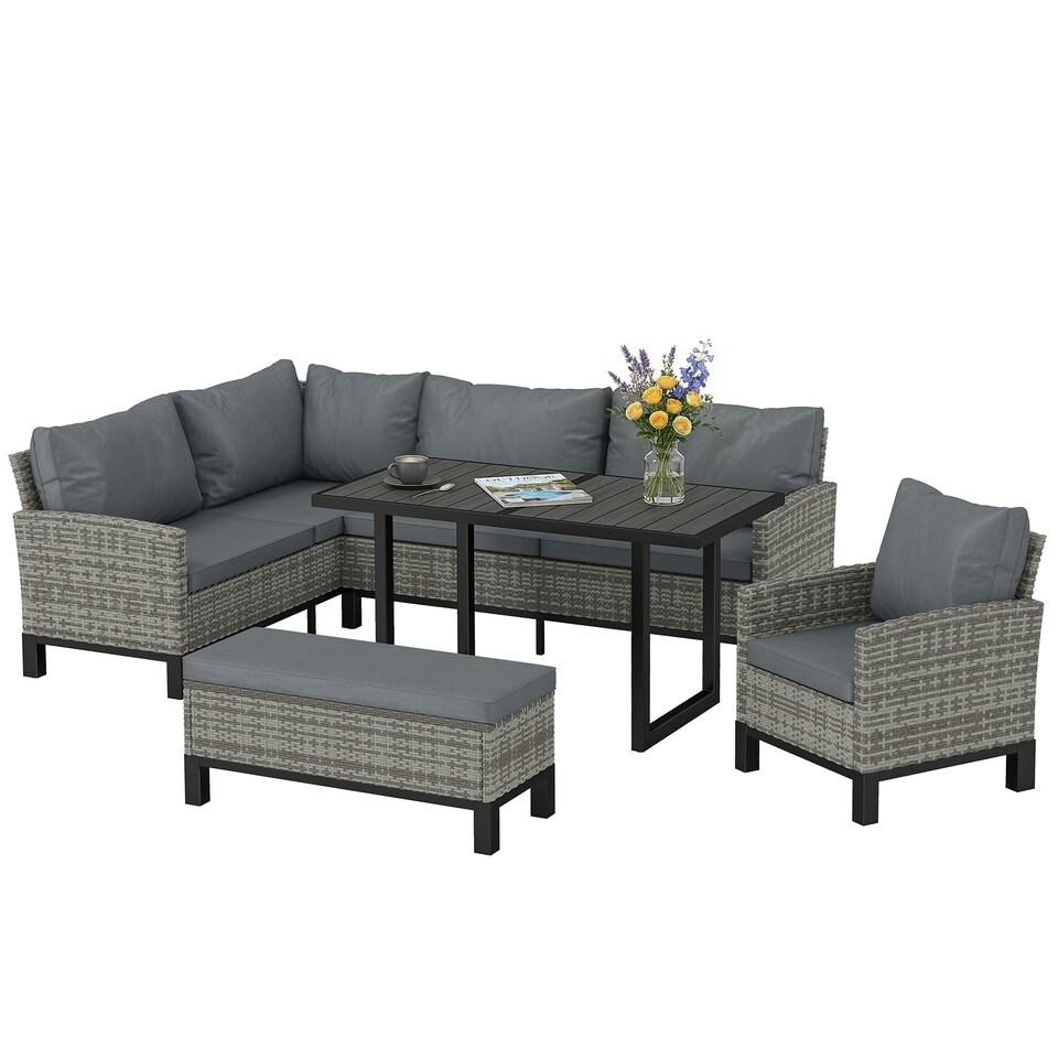 image 1 of Outsunny Rattan Garden Furniture Sofa Set, Outdoor Dining Set for 9, Grey | Grey | Dark Grey | 171 x 67 x 77 cm