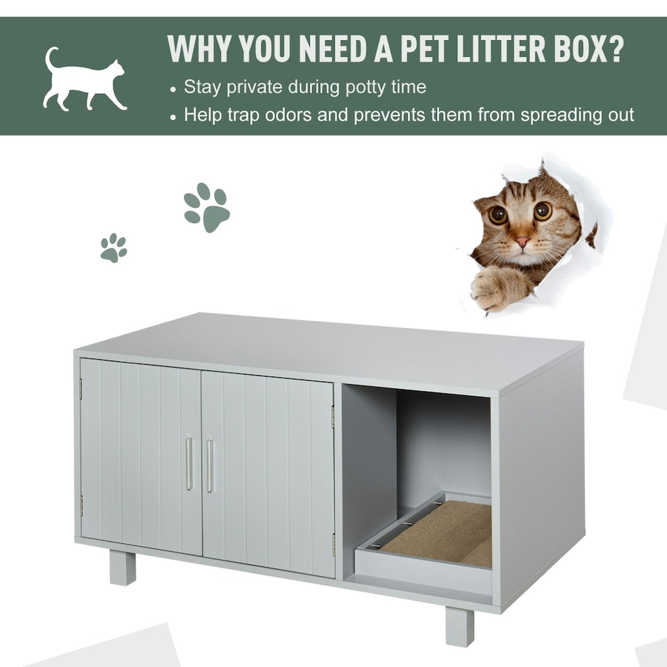 image 1 of PawHut Cat Litter Box Enclosure & House w/ Nightstand/End Table Design, Grey
