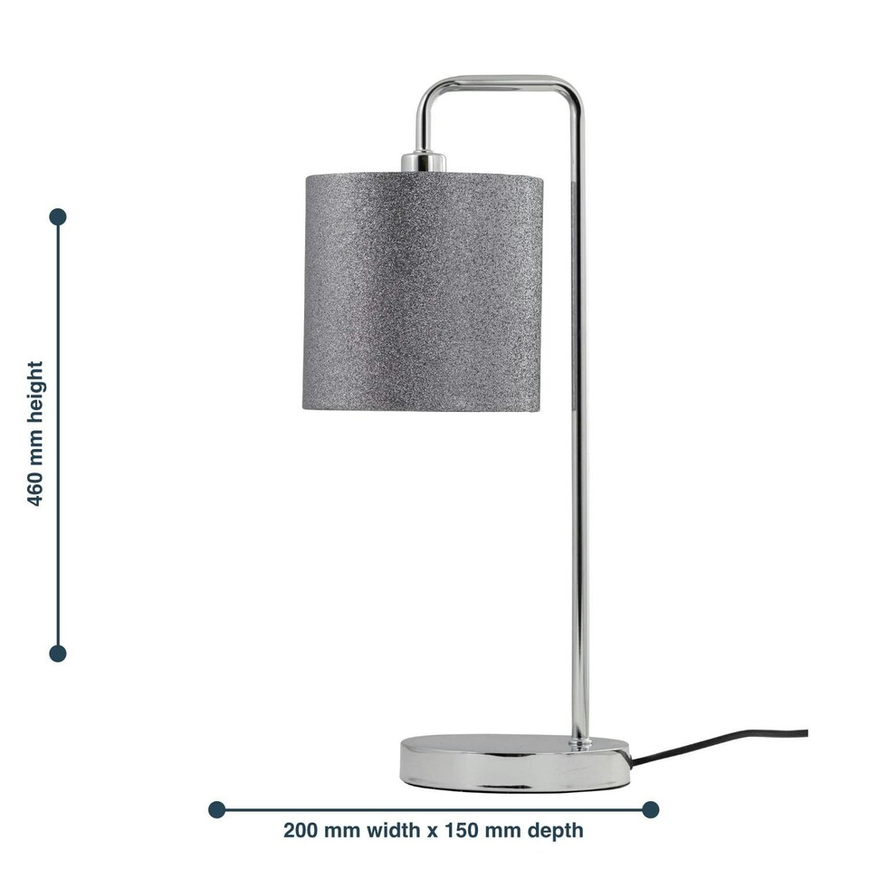 image 1 of First Choice Lighting Chrome Arched Table Lamp with Grey Glitter Shade Chrome | Grey