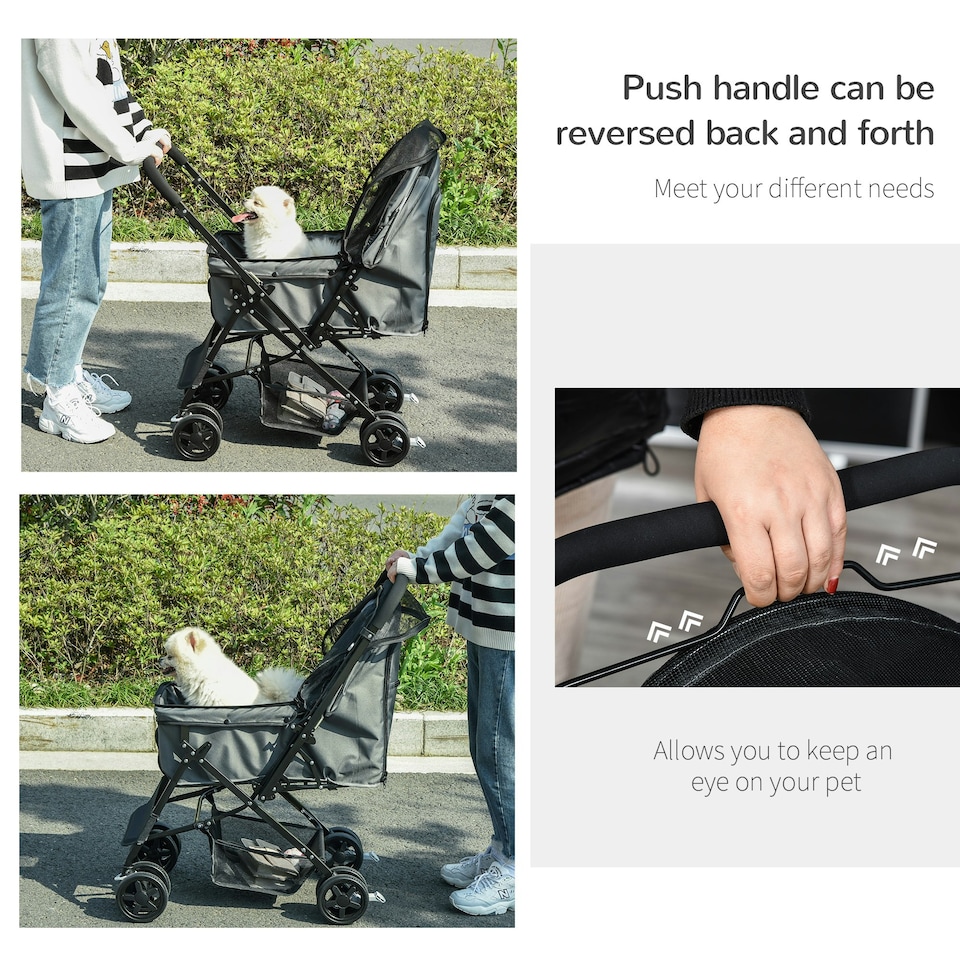 image 1 of PawHut Pet Stroller Dog Foldable Travel Carriage with Reversible Handle, Grey