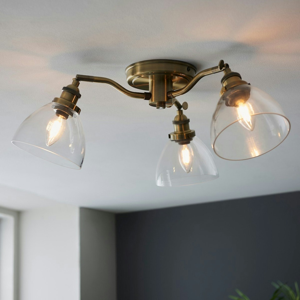 image 1 of Hansen Multi Arm Glass Semi Flush Ceiling Lamp, Antique Brass Plate, Glass
