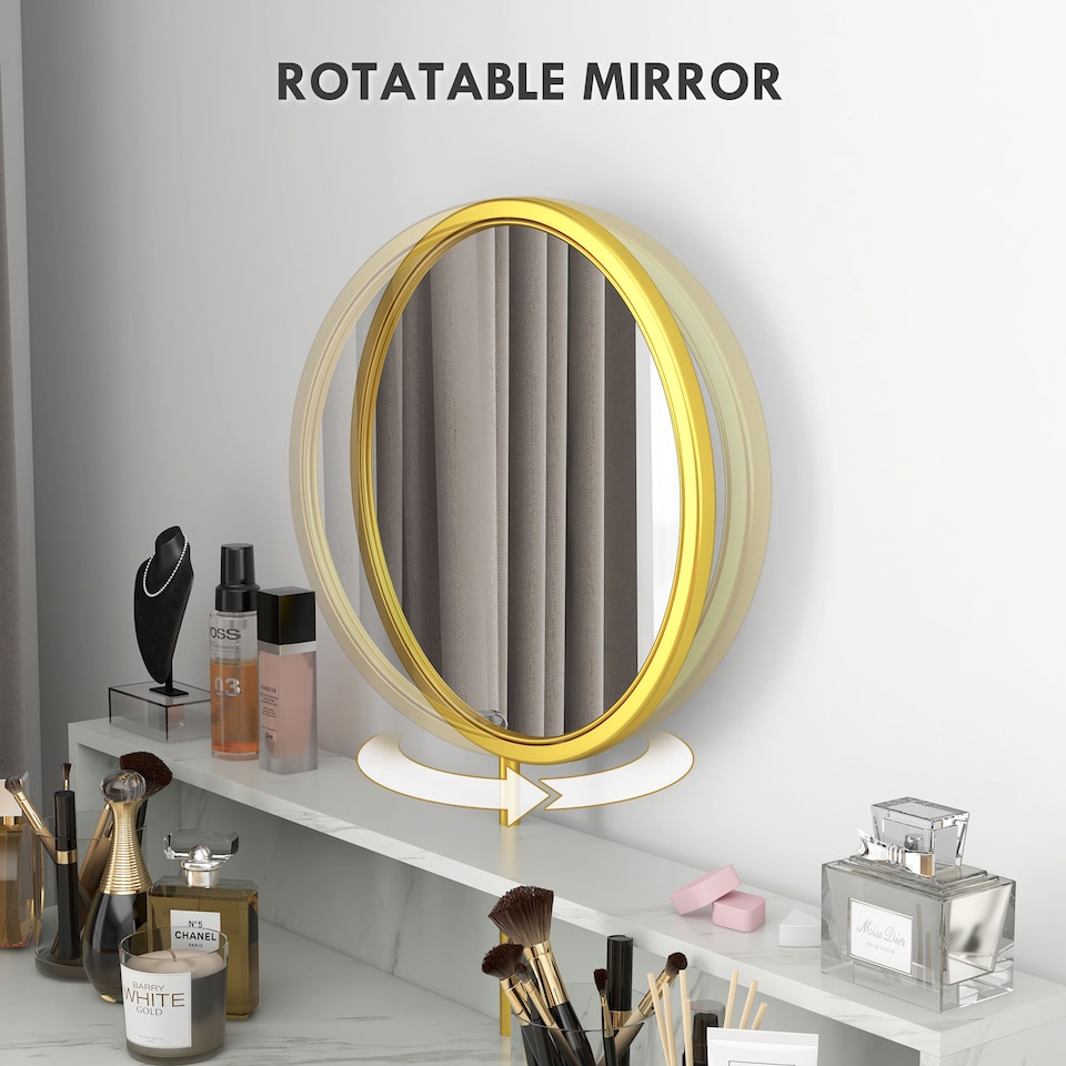 image 1 of HOMCOM Modern Dressing Table with Round Mirror, Vanity Makeup Desk with Open Storage, Faux Marble Texture and Steel Frame for Bedroom, White