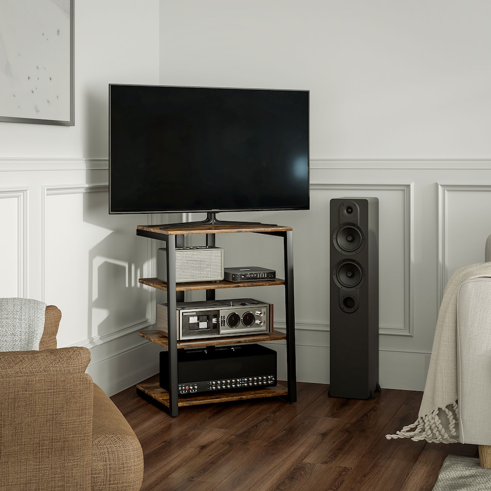 image 1 of HOMCOM HiFi Stand, 4-Tier Media Storage Shelf with Adjustable Shelves, Power Strip Rack for Router, Record Player, Printer, Industrial TV Stand for up to 28 Inch TVs, Rustic Brown | Brown | 1