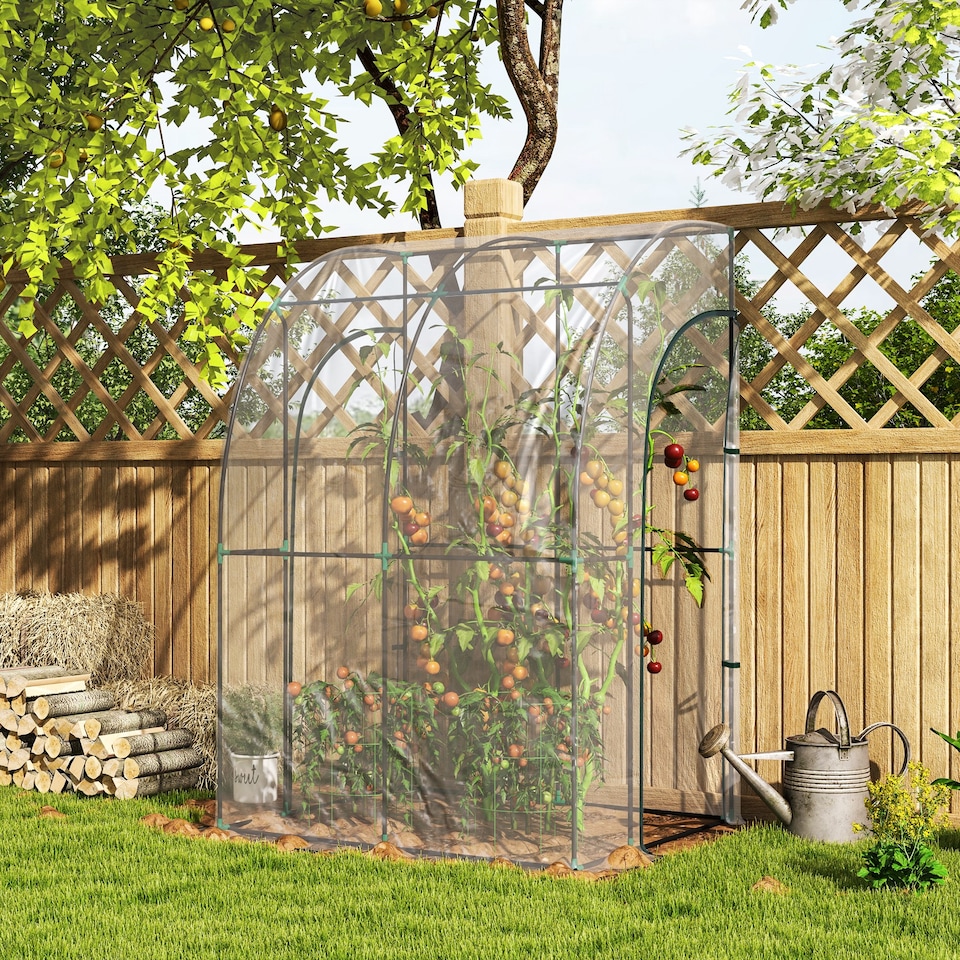 image 1 of Outsunny 143x118x212cm Walk-In Lean to Wall Tunnel Plastic Greenhouse with Doors