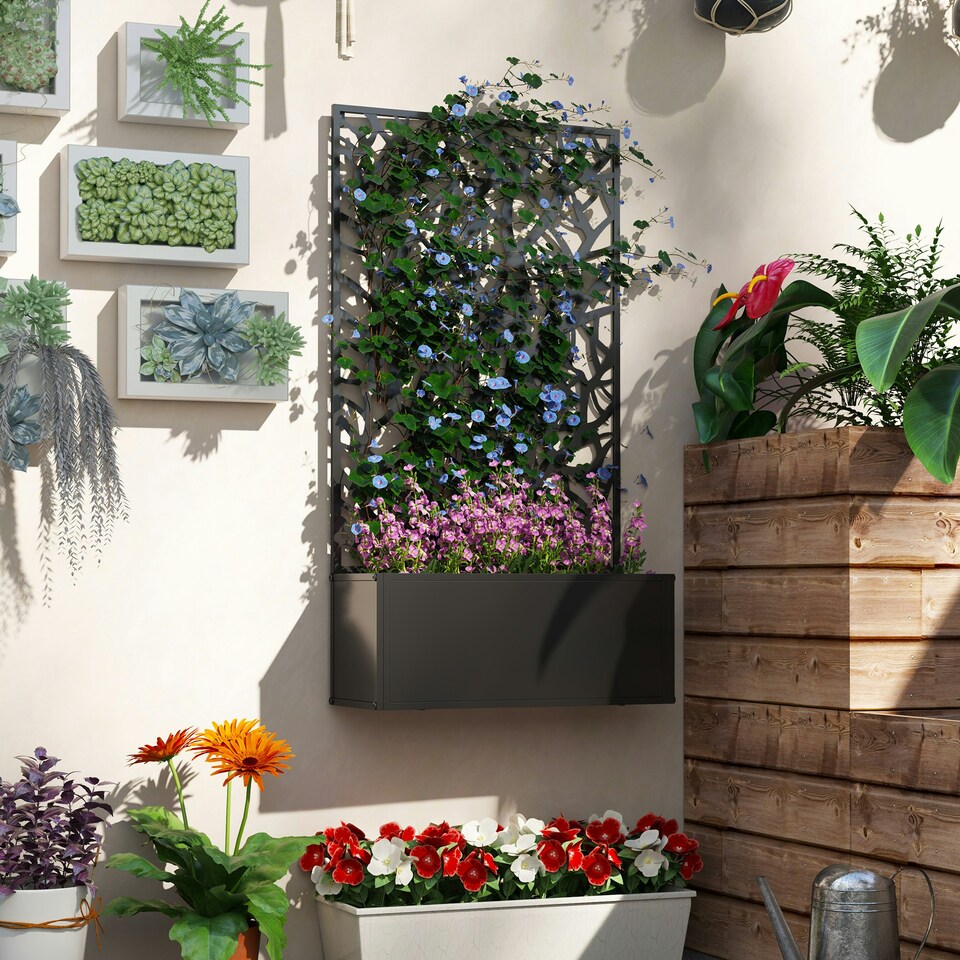 image 1 of Outsunny Metal Raised Garden Bed with Trellis, Outdoor Elevated Planter Box | Multi | 61L x 23W x 113Hcm