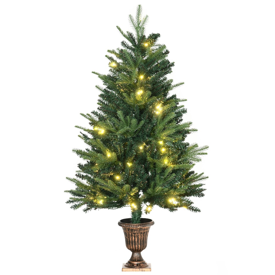 image 1 of HOMCOM 4FT Christmas Tree Spruce Entrance Décor W/ Clear LED Lights Vase Base