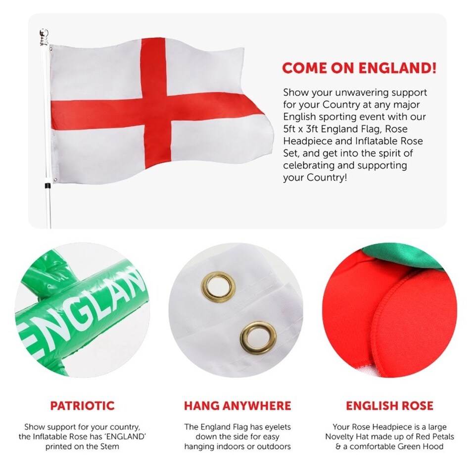 image 1 of Pack of 3 England 5ft x 3ft Flag, Red Inflatable English Rose Flower & Hat Red | One Size