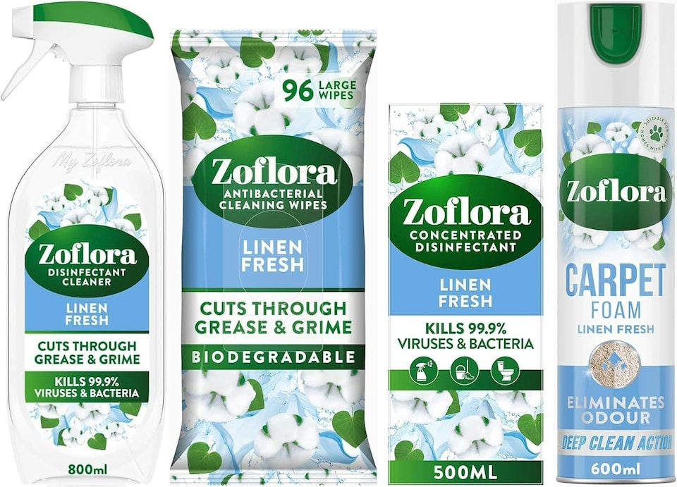 Zoflora Linen Fresh Bundle - Multipurpose Disinfectant Trigger Spray, 1x800ml, Concentrated Disinfected Liquid 500ml, Wipes & Carpet Freshener & Care Foam 600ml