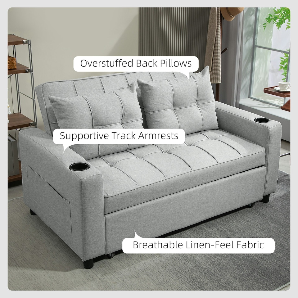 image 1 of HOMCOM 2 Seater Pull Out Sofa Bed with Pockets for Living Room Light Grey