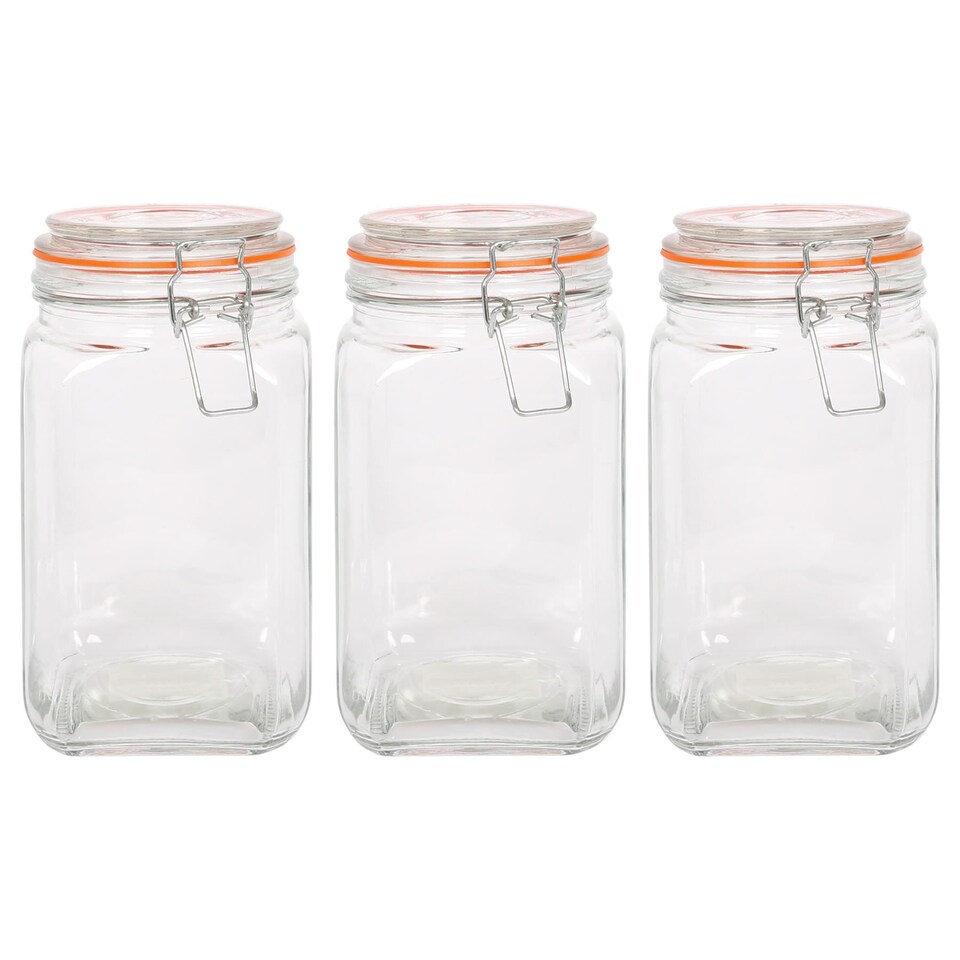 image 1 of Argon Tableware Square Glass Jars with Clip-Top Lids - 1.25L - Pack of 3