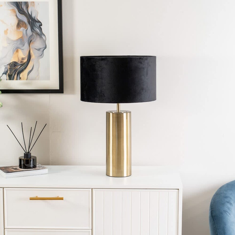 image 1 of ValueLights Lexy Antique Brass Dimmable Table Lamp Black Velvet Shade and Bulb