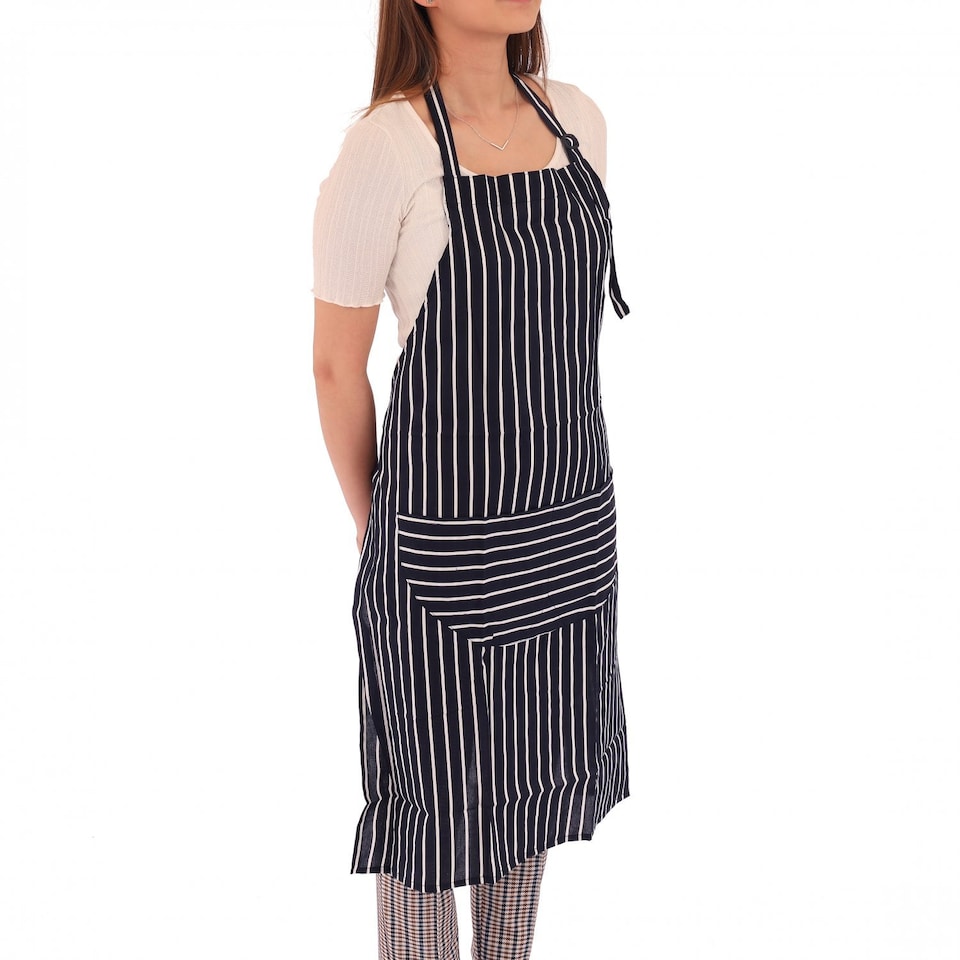 image 1 of Adult Cotton Blue & White Butcher Stripe Chef Apron with Pockets | Blue