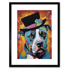 Pitbull Wearing Flower Top Hat Modern Pop 9x7" Black Framed Wall Art Print