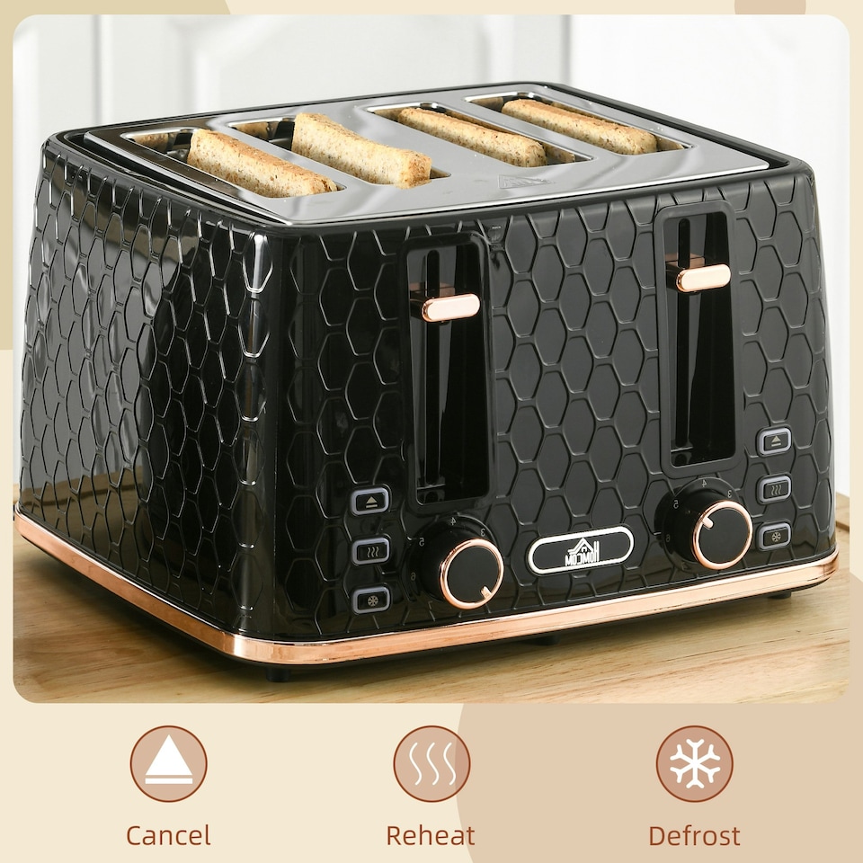 image 1 of HOMCOM Toaster with 4 Slot, 7 Browning Levels, 1600W, Black Honeycomb Black