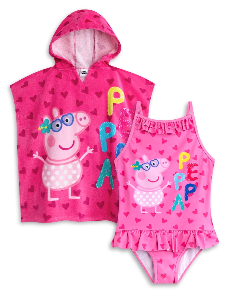 image 1 of Peppa Pig Girls Swimsuit & Hooded Towel Poncho | Kids Pink Swimming Costume and Towelling Robe | Gift For Children 4-5 Years