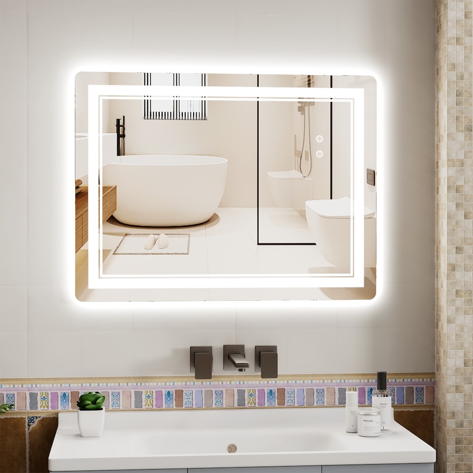 image 1 of Rattantree LED Bathroom Mirror Wall Mounted Anti Fog Dimmable 60 x 80cm
