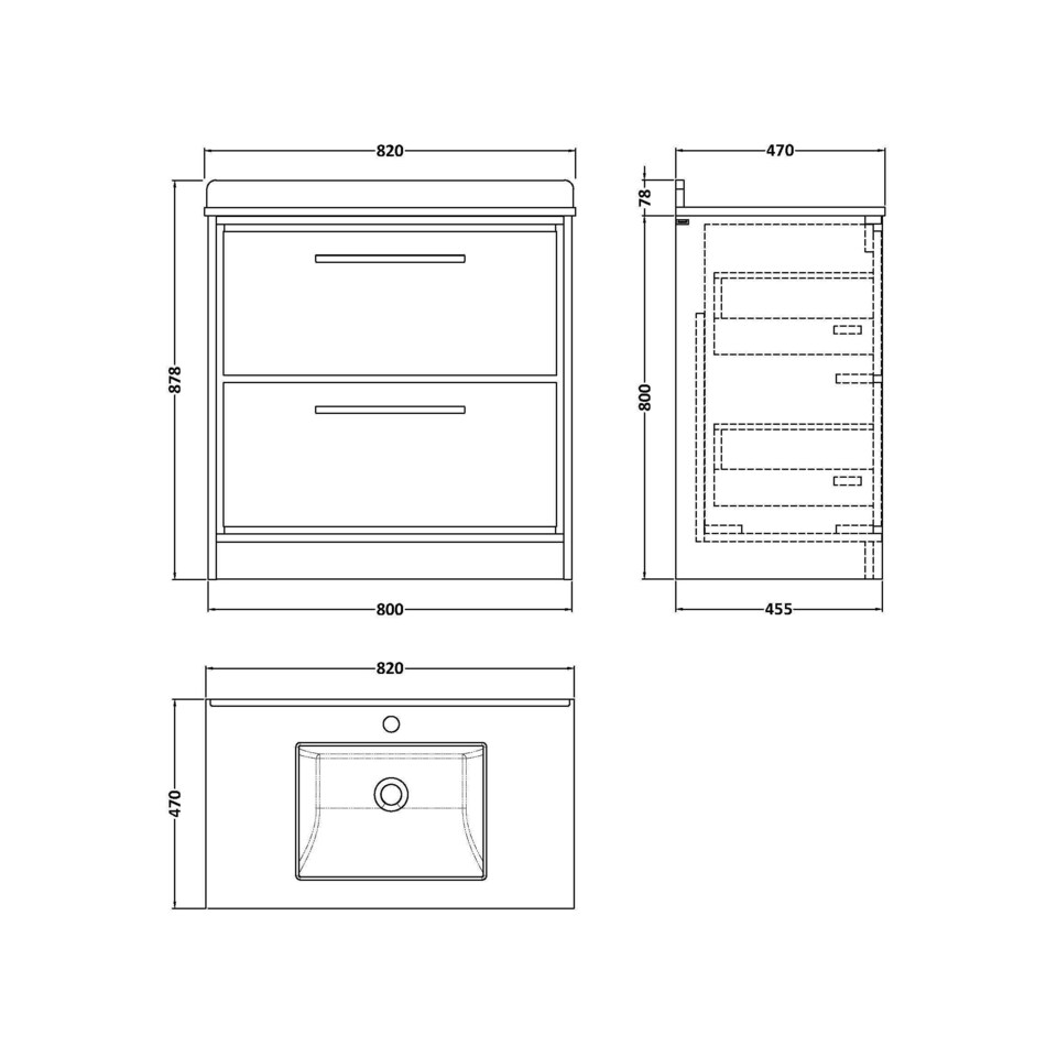 image 1 of Balterley Longnor 2 Drawer Floor Standing Vanity Unit with Square Basin and Marble Worktop, Woodgrain Graphite Grey, 800mm