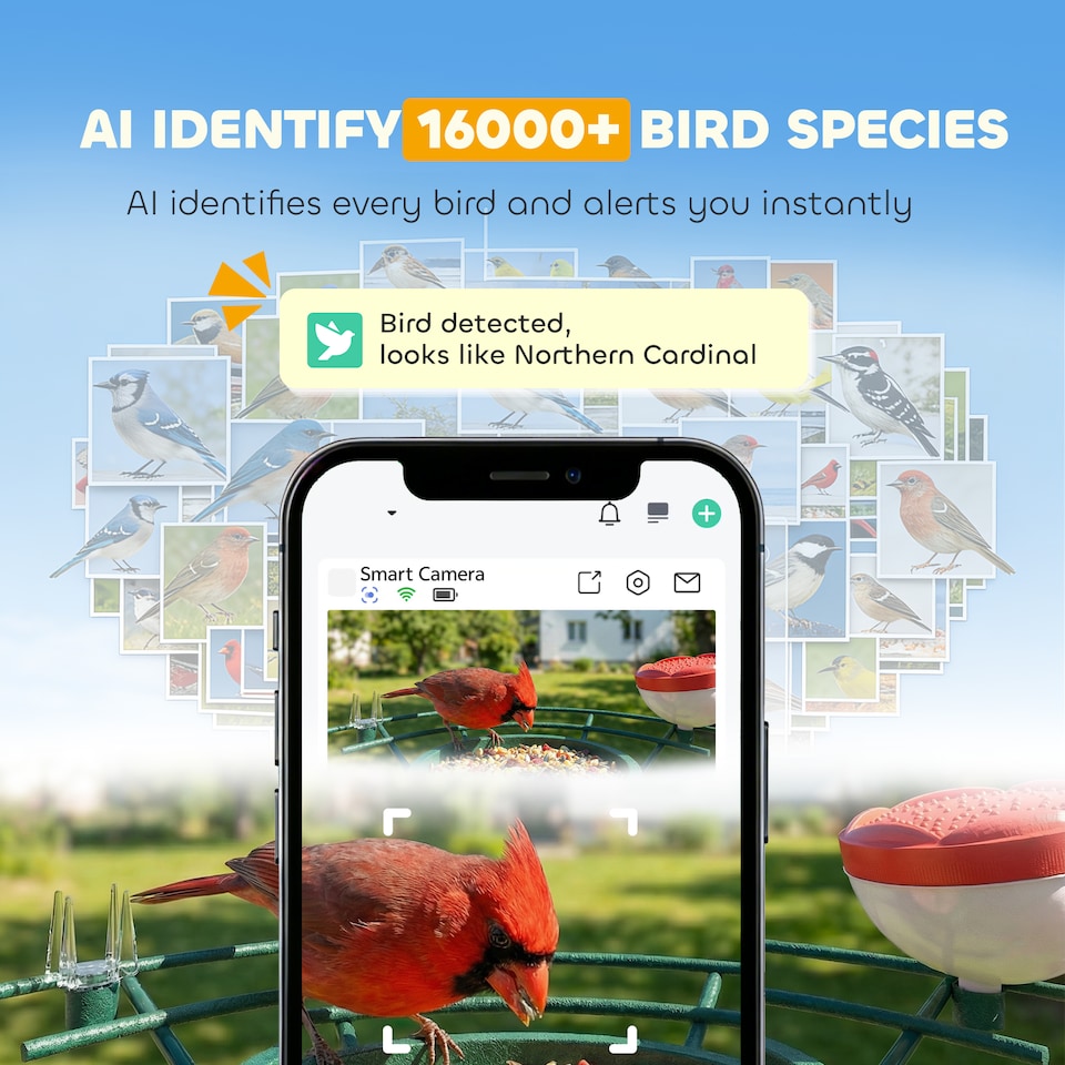 image 1 of PawHut Bird Feeder with Camera, Smart Bird Feeder Camera AI Identifies 16,000 Plus Species, 2K HD Auto Capture Video, APP Instant Notifications, Hummingbird Feeding Add-ons, 3W Solar Panel, 32GB Card